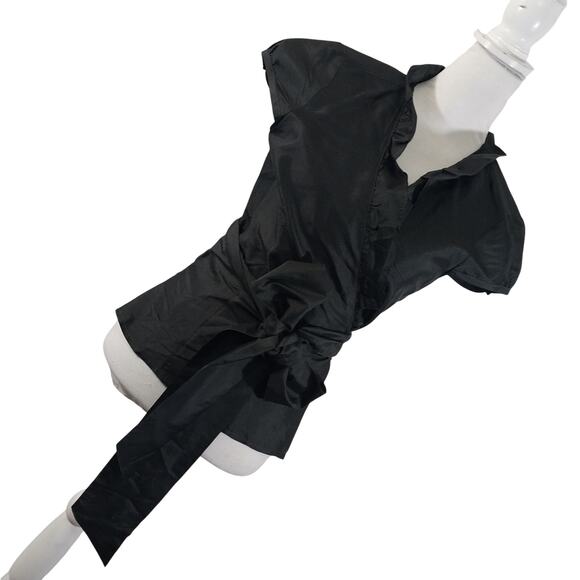 ANN TAYLOR! BLACK 100% SILK! WRAP AROUND TUE FRONT CRISS-CROSS BLOUSE! SZ 10 - Picture 8 of 8